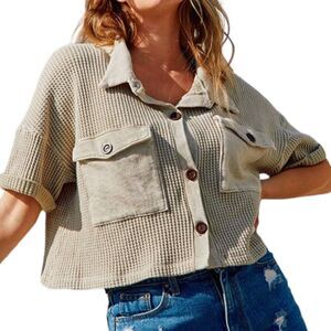 Bucketlist Neutral Cropped Western Coastal Button Front Blouse Crop Shirt Top